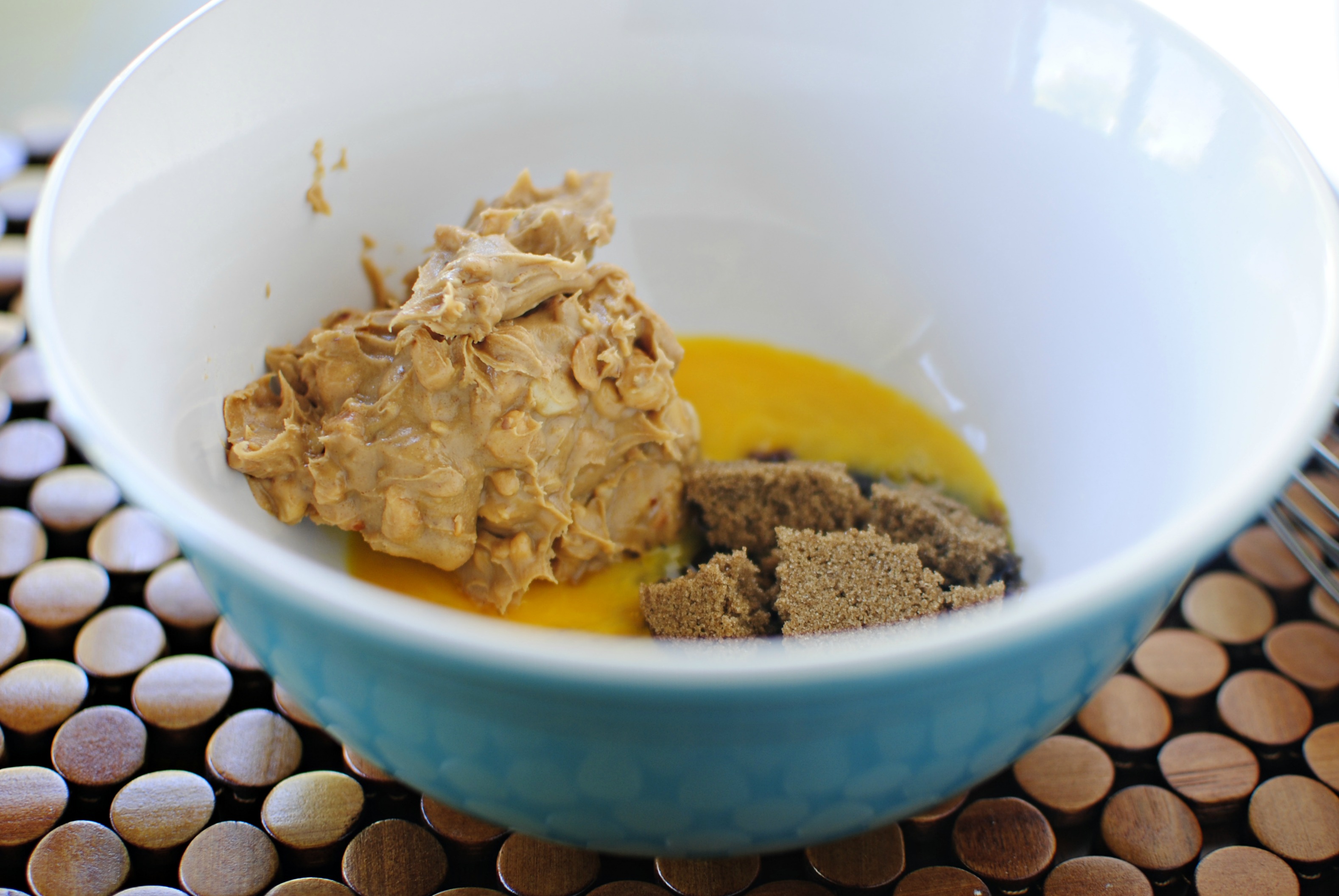 Simply Scratch pb, brown sugar & beaten egg in a bowl Simply Scratch