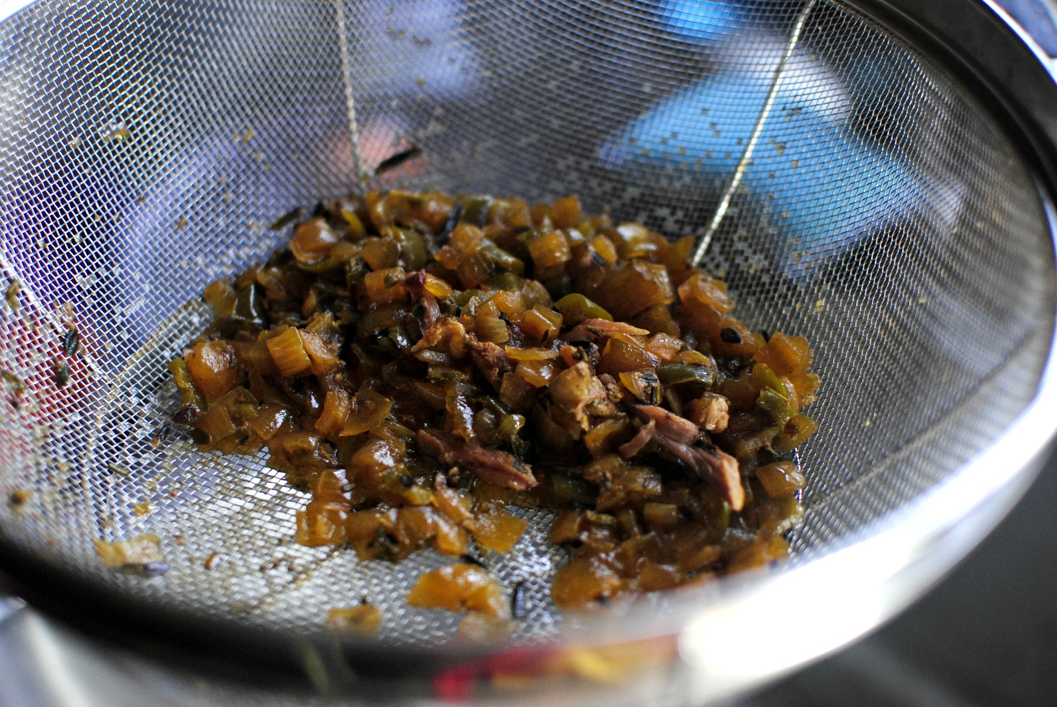 Simply Scratch drain cooking liquid and keep onions and peppers Simply Scratch