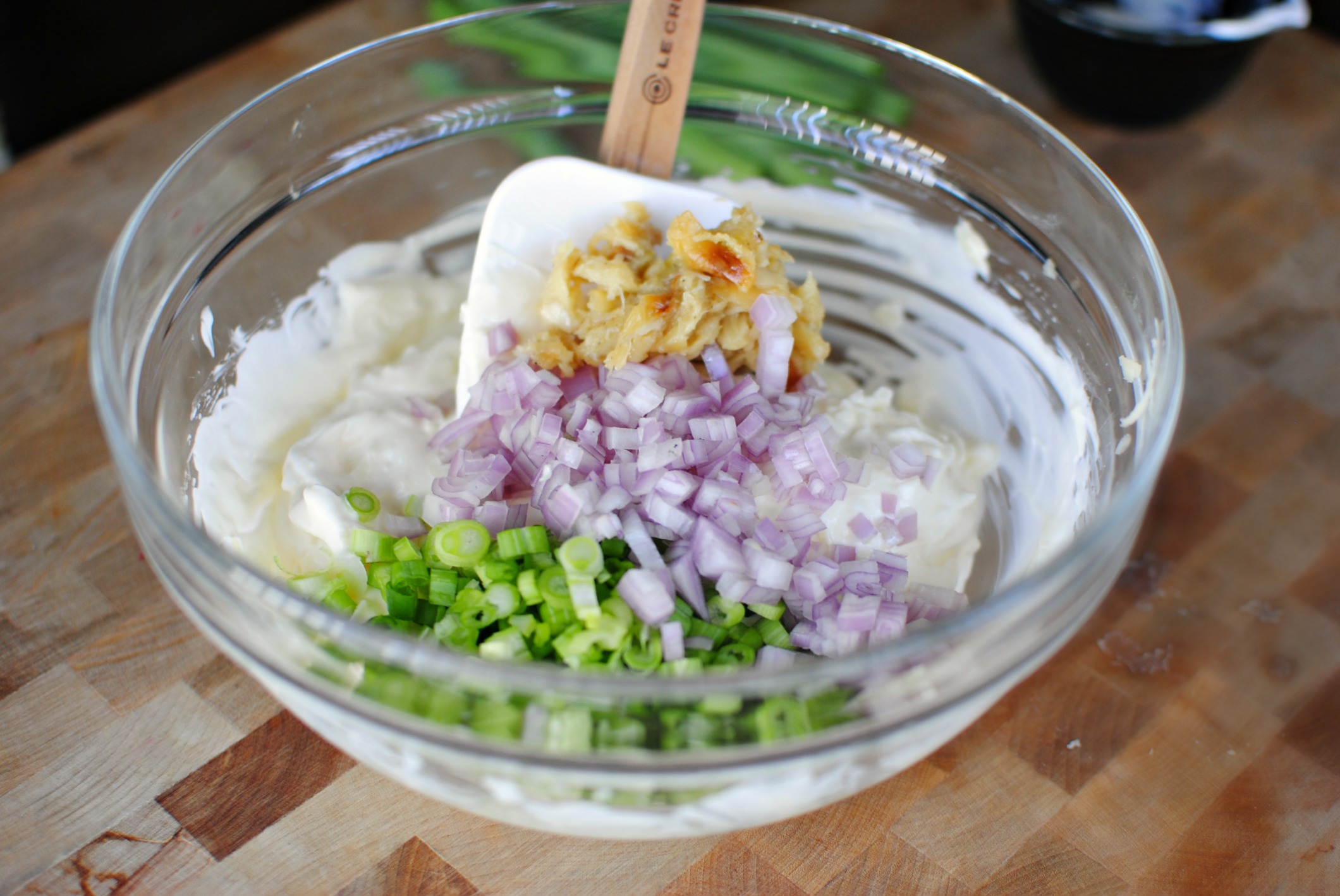 Simply Scratch green onion, minced shallot and mashed roasted garlic