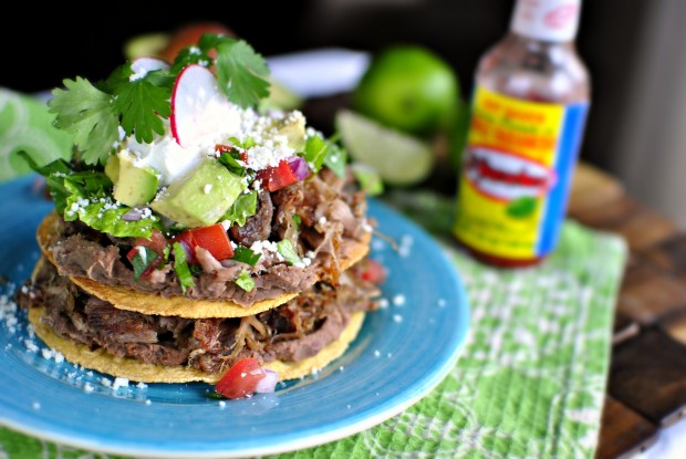 Double Decker Pork Carnitas and Refried Bean Tostadas l SimplyScratch.com