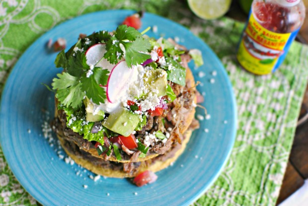 Double Decker Pork Carnitas and Refried Bean Tostadas l SimplyScratch.com