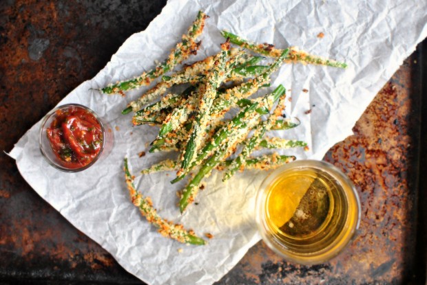 Baked Asiago Green Bean Fries and Spicy Tomato-Basil Ketchup