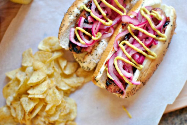 Barbecue Sauced Chicken Brats with Pickled Red Onion and Spicy Brown Mustard www.SimplyScratch.com