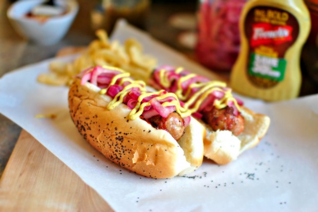 Barbecue Sauced Chicken Brats with Pickled Red Onion and Spicy Brown Mustard - www.SimplyScratch.com