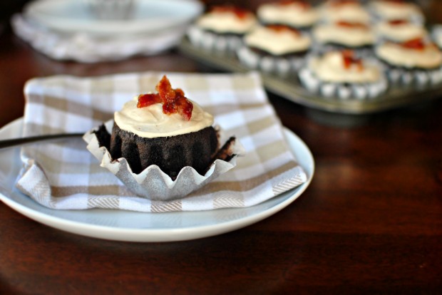 Chocolate Stout Cupcakes + Brown Butter Frosting and Maple Glazed Bacon - www.SimplyScratch.com