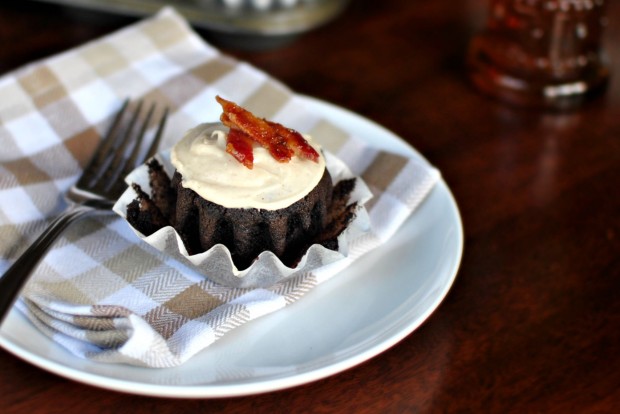 Chocolate Stout Cupcakes + Brown Butter Frosting and Maple Glazed Bacon www.SimplyScratch.com