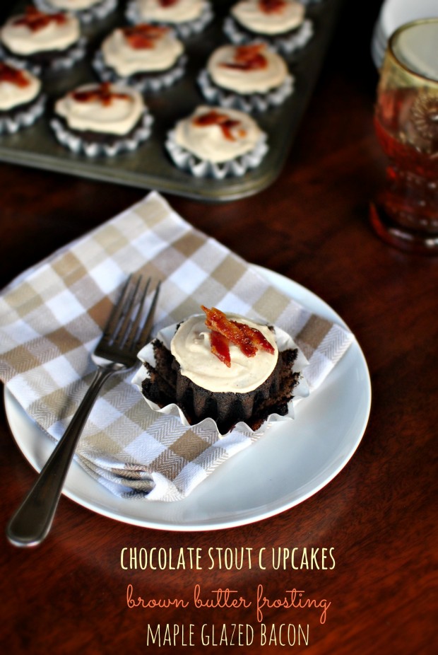 Chocolate Stout Cupcakes with Brown Butter Frosting and Maple Glazed Bacon