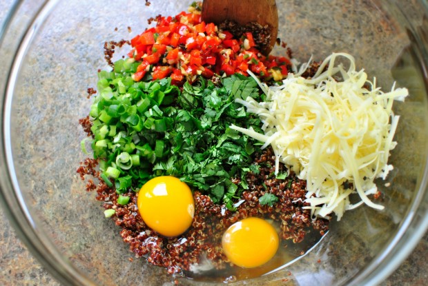 peppers, onions, cilantro, cheddar, eggs, quinoa