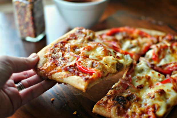 Spicy Three Cheese Italian Sausage and Red Pepper Pizza - www.SImplyScratch.com