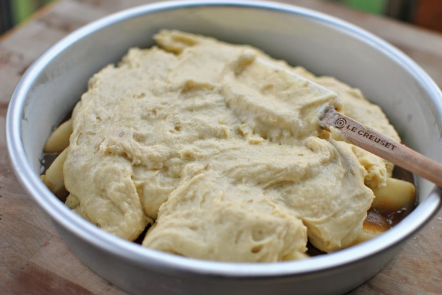 spoon batter over pears