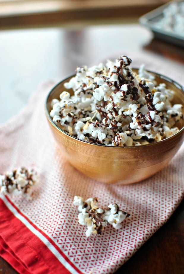 Dark Chocolate, Sea Salt and Toasted Coconut Popcorn l SimplyScratch.com