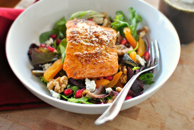 Glazed Salmon Winter Salad + Sweet Balsamic Vinaigrette - www.SimplyScratch.com #salmonrecipe