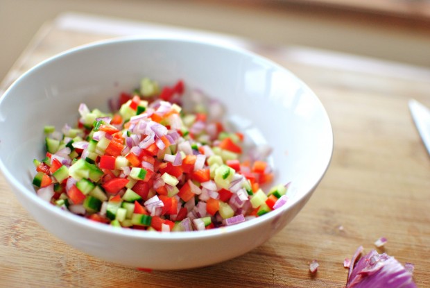 cucumber, red pepper and red onion