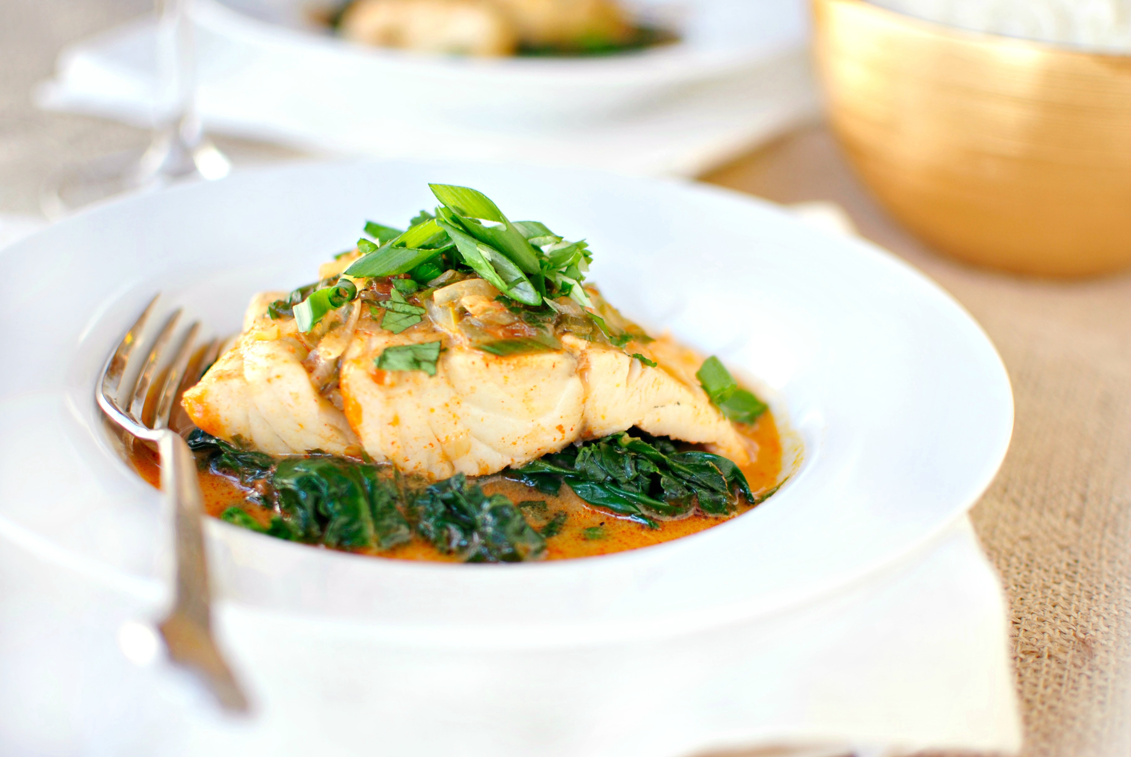 Simply Scratch Thai Coconut Curry Poached Barramundi with Sautéed
