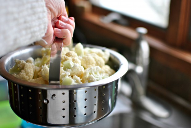 Creamy Whipped Cauliflower Mash - into the steamer basket