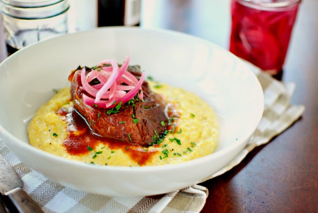 Braised Pork Shoulder with Cheesy Fontina Grits l www.SimplyScratch.com