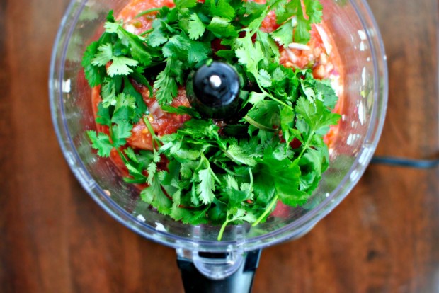 Roasted Tomato Salsa + Baked Tortilla Chips www.SimplyScratch.com cilantro