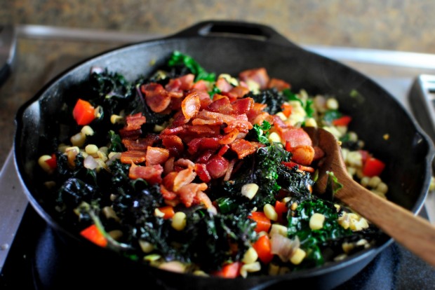Bacon, Corn and Kale Sautee www.SimplyScratch.com add bacon