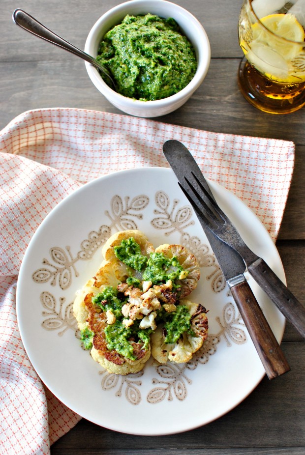 Roasted Cauliflower Steaks with Toasted Walnut + Parsley Pesto l www.SimplyScratch.com #recipe