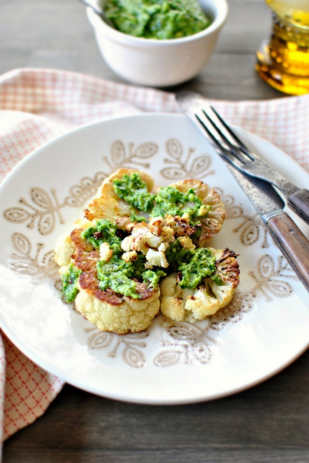 Roasted Cauliflower Steaks with Toasted Walnut + Parsley Pesto via www.SimplyScratch.com