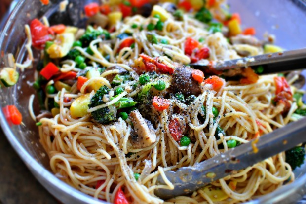 Roasted Vegetable Pasta Primavera www.SimplyScratch.com salt, pepper and toss