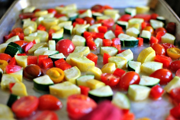 Roasted Vegetable Pasta Primavera www.SimplyScratch.com tomatoes, zucchini, yellow squash and red bell pepper