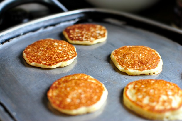 Toasted Cornmeal Pancakes and Honey Butter Maple Syrup l www.SimplyScratch.com continue to cook