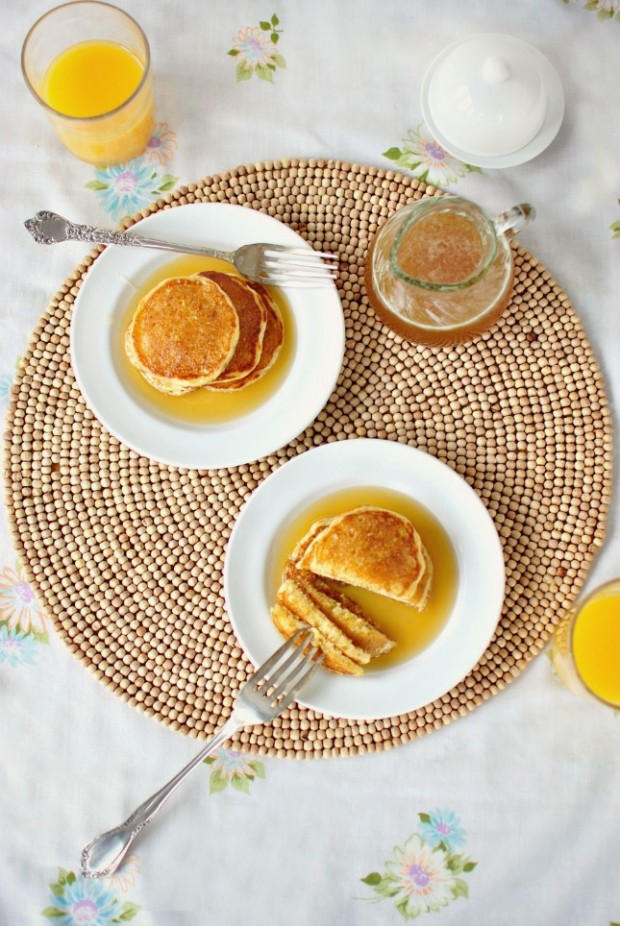 Toasted Cornmeal Pancakes and Honey Butter Maple Syrup l www.SimplyScratch.com #recipe