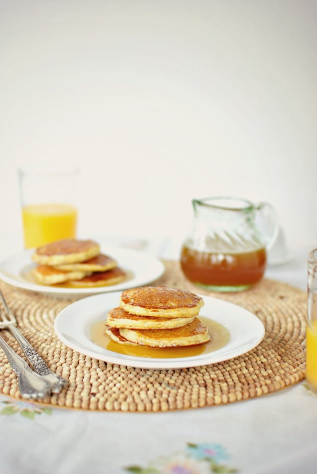 Toasted Cornmeal Pancakes and Honey Butter Maple Syrup via www.SimplyScratch.com