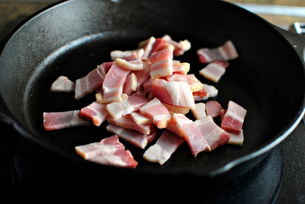 Bacon, Potato + Poblano Breakfast Skillet l www.SimplyScratch.com bacon in a skillet