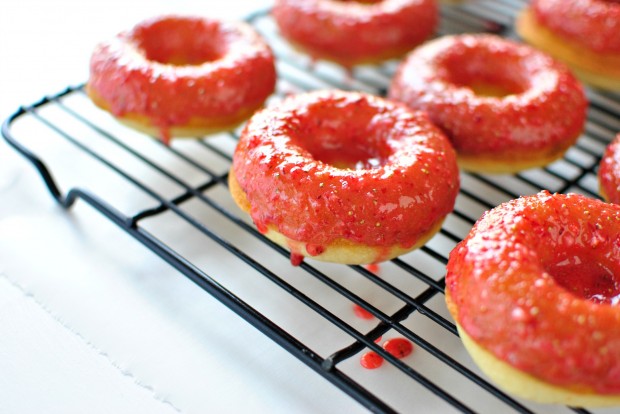 Baked Buttermilk Cake Doughnuts + Fresh Strawberry Glaze l www.SimplyScratch.com drenched