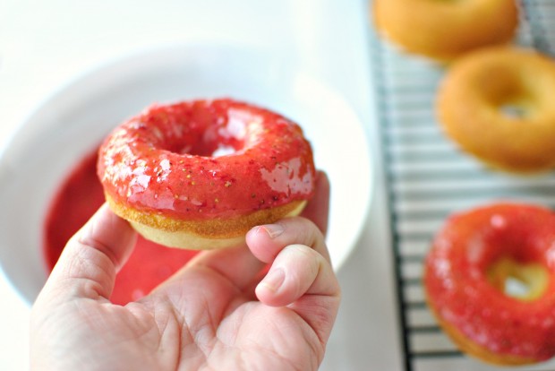 Baked Buttermilk Cake Doughnuts + Fresh Strawberry Glaze l www.SimplyScratch.com flip