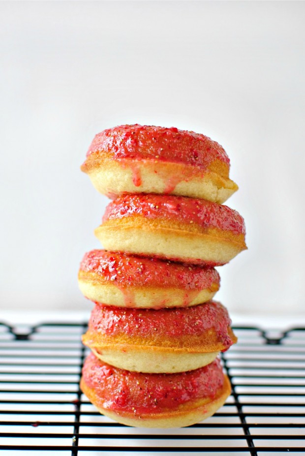 Baked Buttermilk Cake Doughnuts + Fresh Strawberry Glaze l www.SimplyScratch.com #recipe #stack