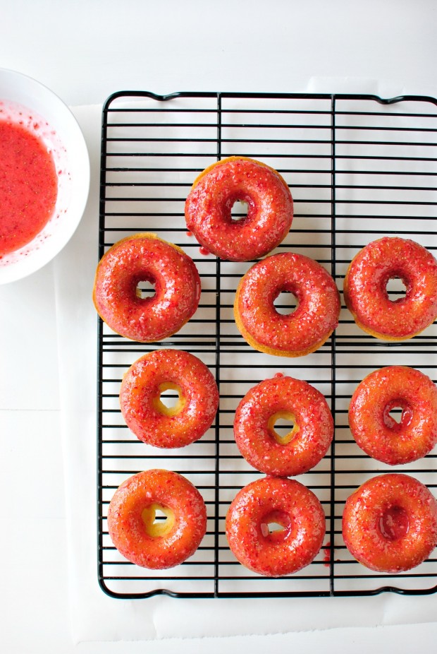 Baked Buttermilk Cake Doughnuts + Fresh Strawberry Glaze via www.SimplyScratch.com