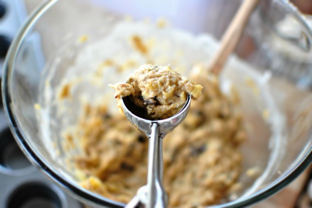 Banana Chocolate Chunk Mini Muffins l www.SimplyScratch.com half scoop