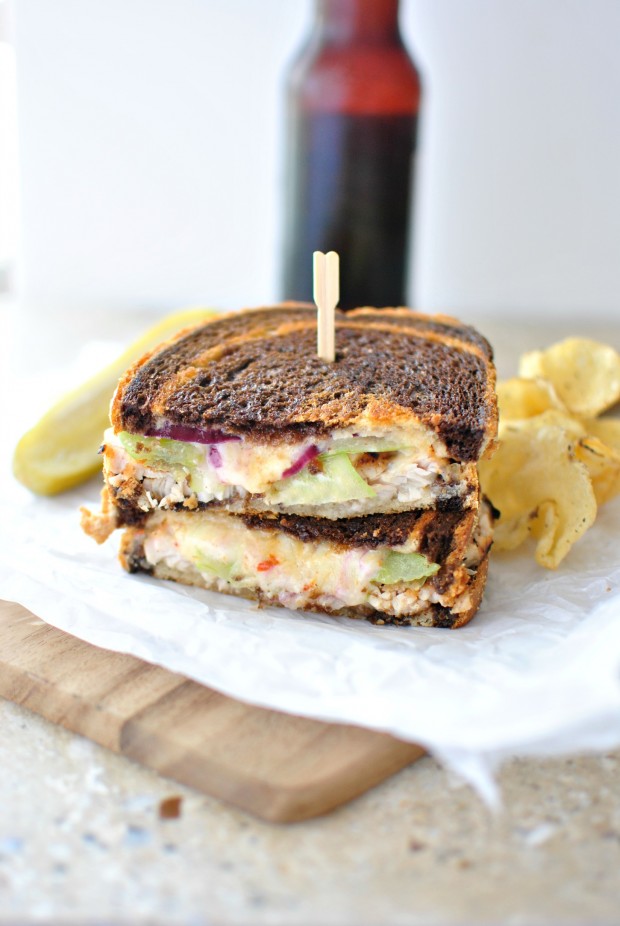 Turkey, Green Tomato and Smoked Cheddar Grilled Cheese + Chipotle Honey Mayo l www.SimplyScratch.com #grilledcheesemonth