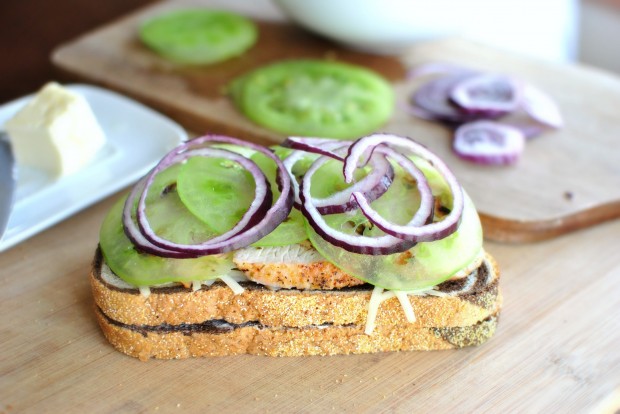 Turkey, Green Tomato and Smoked Cheddar Grilled Cheese + Chipotle Honey Mayo l www.SimplyScratch.com layer red onion