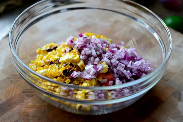 Grilled Corn Pico de Gallo l www.SimplyScratch.com onion in bowl