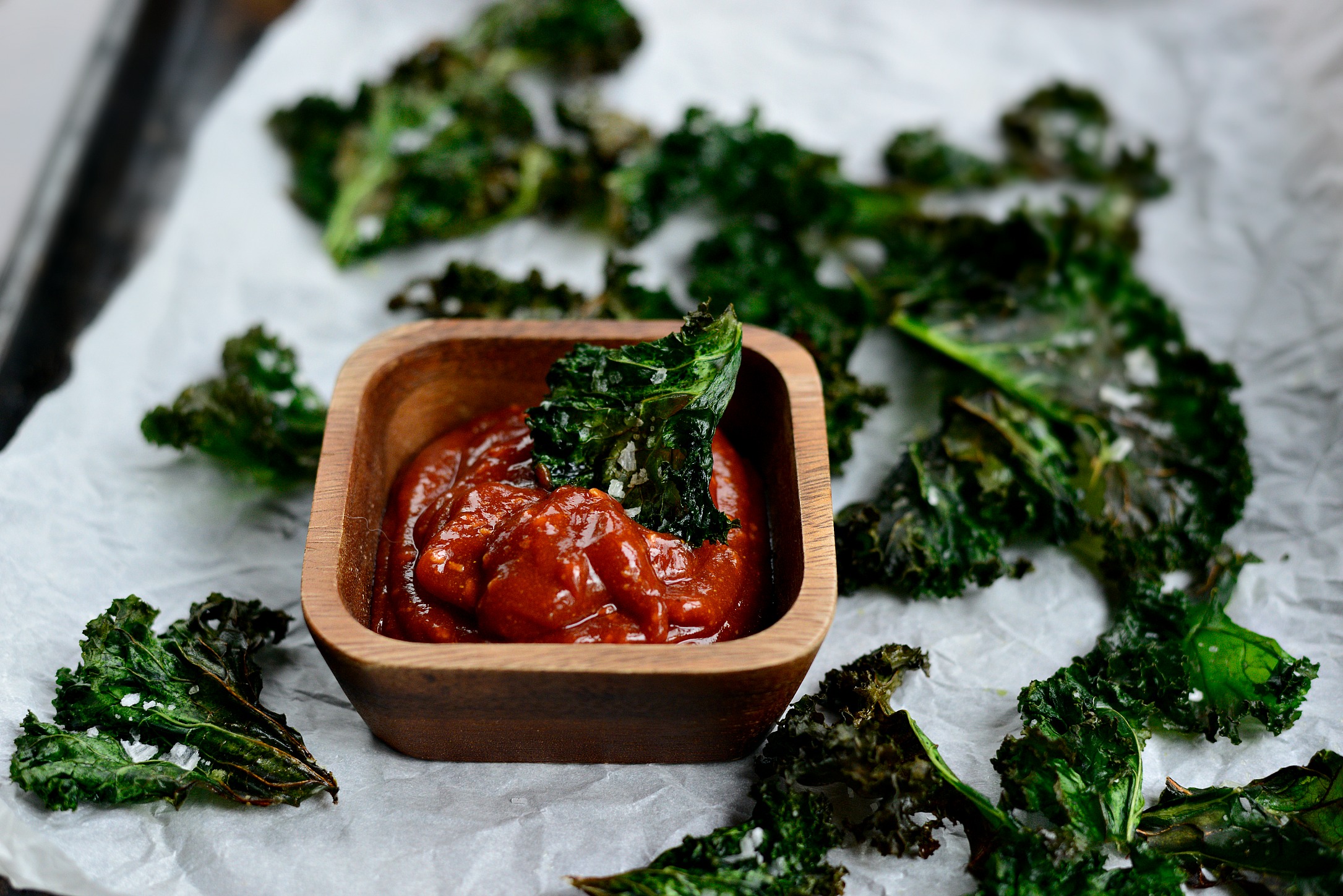 Crispy Baked Kale Chips with Curry Ketchup - Simply Scratch