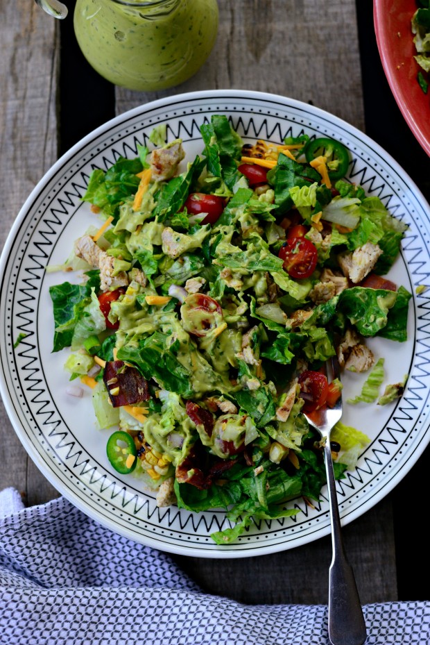 Bacon Chicken Chopped Salad with Smoky Cilantro Avocado Dressing l SimplyScratch.com 
