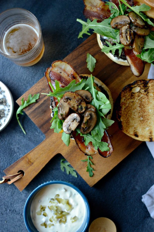 Cracked Peppercorn Crusted Burgers with Dill Pickle Aioli 