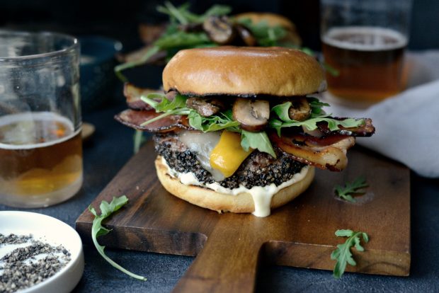 Cracked Peppercorn Crusted Burgers with Dill Pickle Aioli 