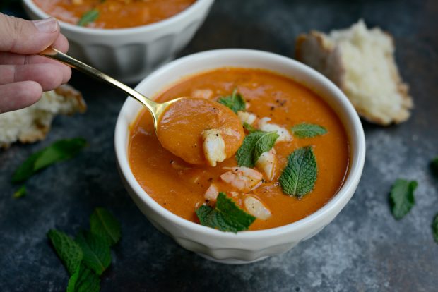 Roasted Tomato Curry Soup with Shrimp + Mint l SimplyScratch.com