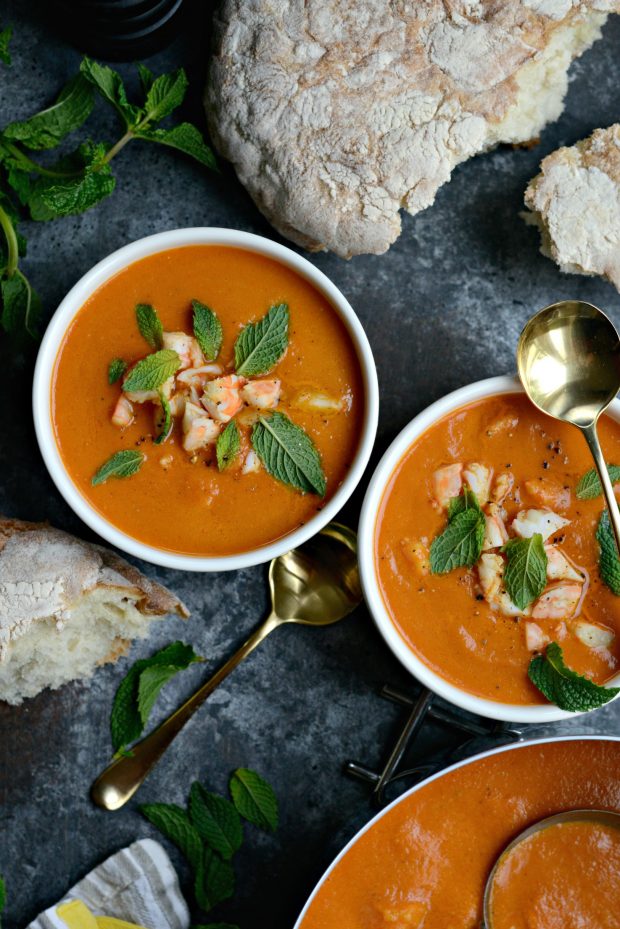 Roasted Tomato Curry Soup with Shrimp + Mint l SimplyScratch.com