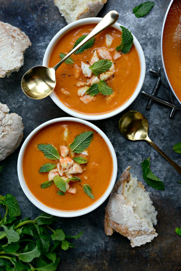 Roasted Tomato Curry Soup with Shrimp + Mint l SimplyScratch.com