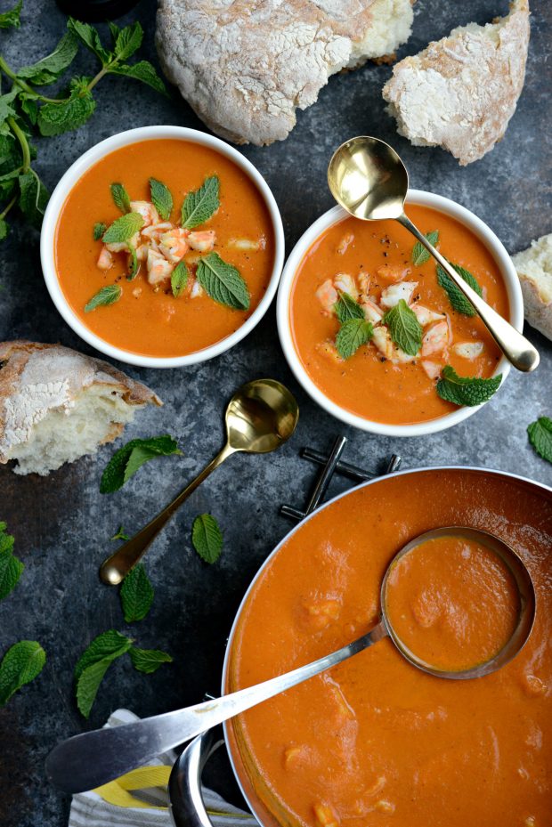 Roasted Tomato Curry Soup with Shrimp + Mint l SimplyScratch.com