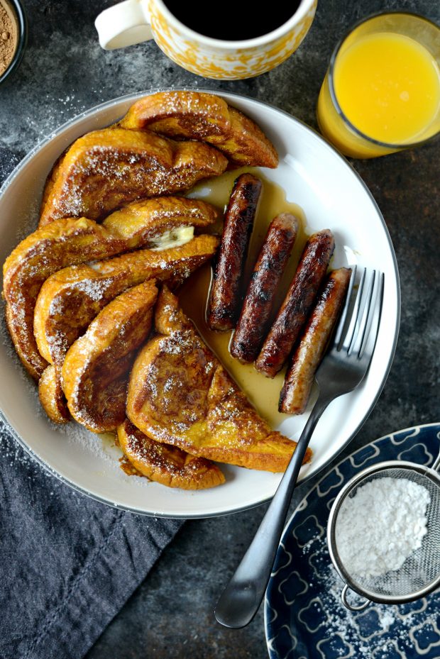 pumpkin French toast dusted with powdered sugar