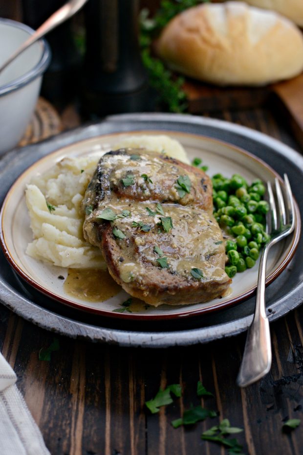 slow cooker pork chops with herb gravy l SimplyScratch - with peas