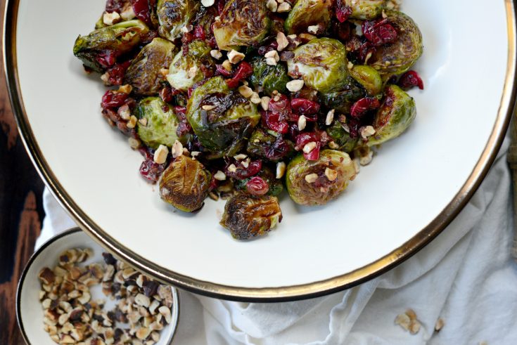 Maple Balsamic Brussels Sprouts with Cranberries and Hazelnuts