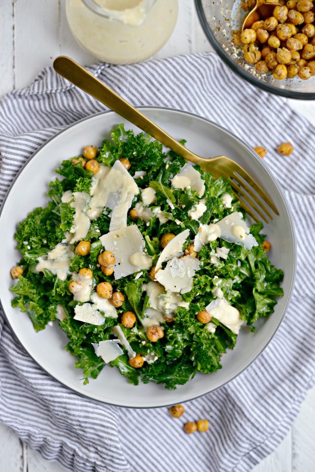 Healthy Kale Caesar Salad with Tahini Caesar Dressing l SimplyScratch.com 